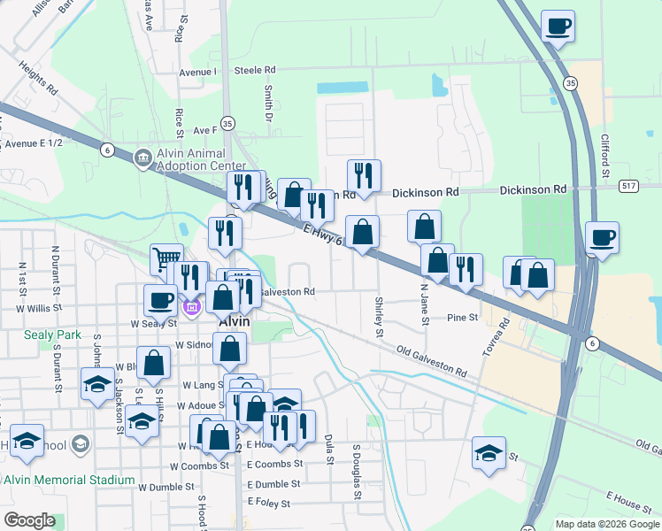 map of restaurants, bars, coffee shops, grocery stores, and more near 207 North Ormsby Street in Alvin