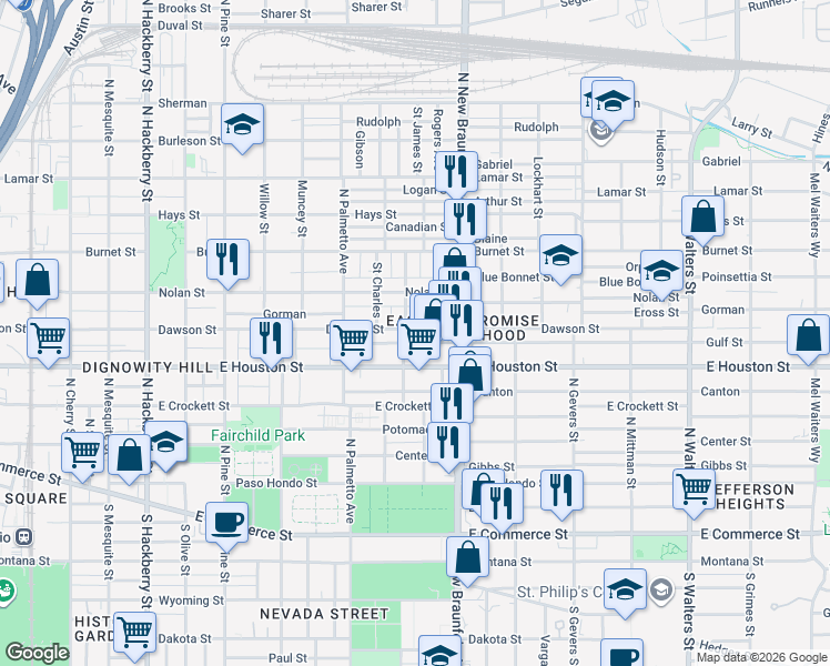 map of restaurants, bars, coffee shops, grocery stores, and more near 2103 East Houston Street in San Antonio