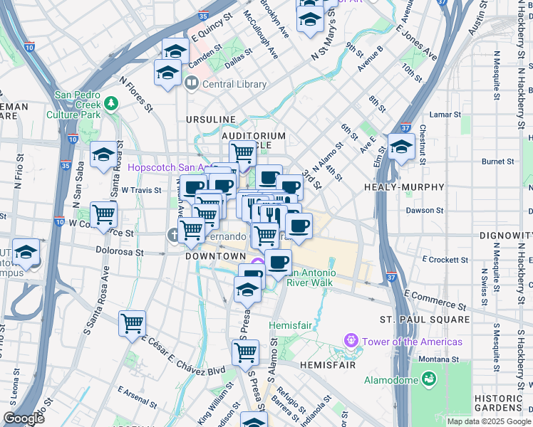 map of restaurants, bars, coffee shops, grocery stores, and more near 123 Losoya Street in San Antonio