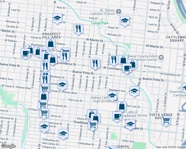 map of restaurants, bars, coffee shops, grocery stores, and more near 1925 Monterey Street in San Antonio