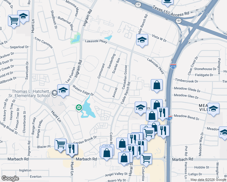 map of restaurants, bars, coffee shops, grocery stores, and more near 8719 Canvas Back in San Antonio