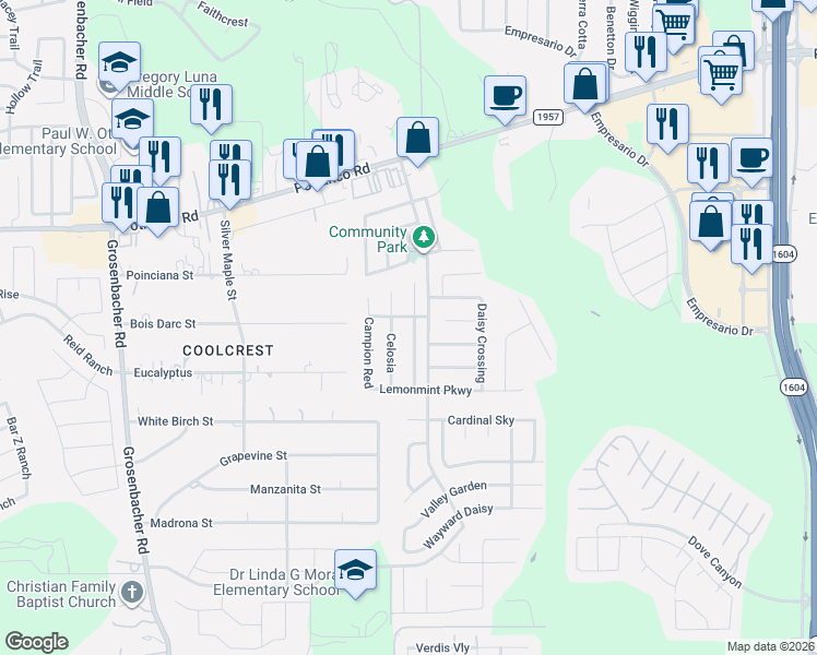 map of restaurants, bars, coffee shops, grocery stores, and more near 734 Chamomile in San Antonio