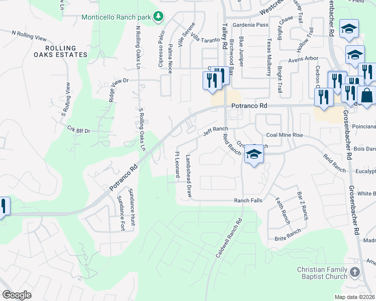 map of restaurants, bars, coffee shops, grocery stores, and more near 826 Lambshead Draw in San Antonio