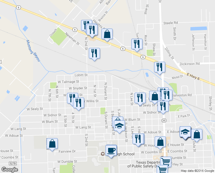 map of restaurants, bars, coffee shops, grocery stores, and more near 913 West Snyder Street in Alvin