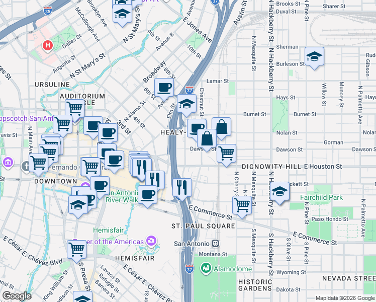 map of restaurants, bars, coffee shops, grocery stores, and more near 1011 East Houston Street in San Antonio