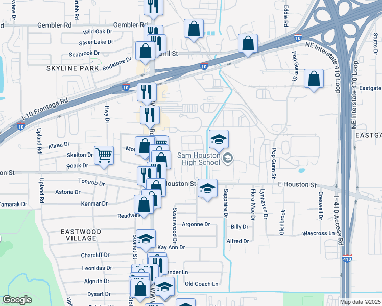 map of restaurants, bars, coffee shops, grocery stores, and more near 4611 East Houston Street in San Antonio