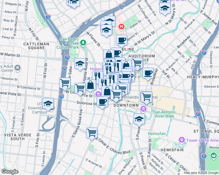 map of restaurants, bars, coffee shops, grocery stores, and more near 100 West Houston Street in San Antonio