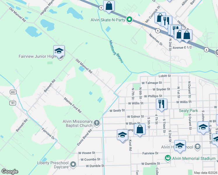 map of restaurants, bars, coffee shops, grocery stores, and more near 13219 County Road 190 in Alvin