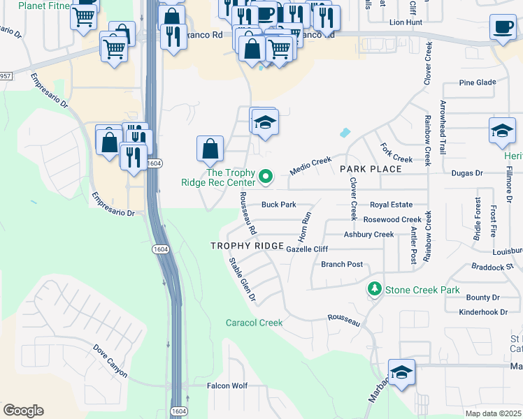 map of restaurants, bars, coffee shops, grocery stores, and more near 10802 Manor Creek in San Antonio