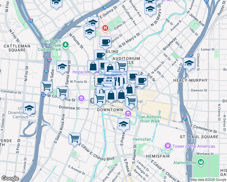 map of restaurants, bars, coffee shops, grocery stores, and more near 227 North Saint Mary's Street in San Antonio