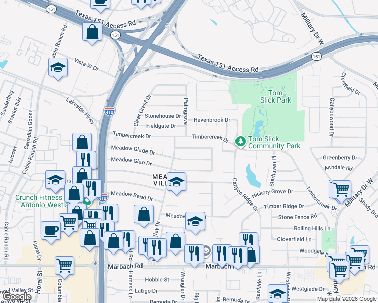 map of restaurants, bars, coffee shops, grocery stores, and more near 7362 Timbercreek Drive in San Antonio