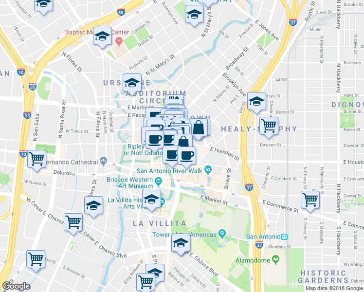 map of restaurants, bars, coffee shops, grocery stores, and more near 518 East Houston Street in San Antonio