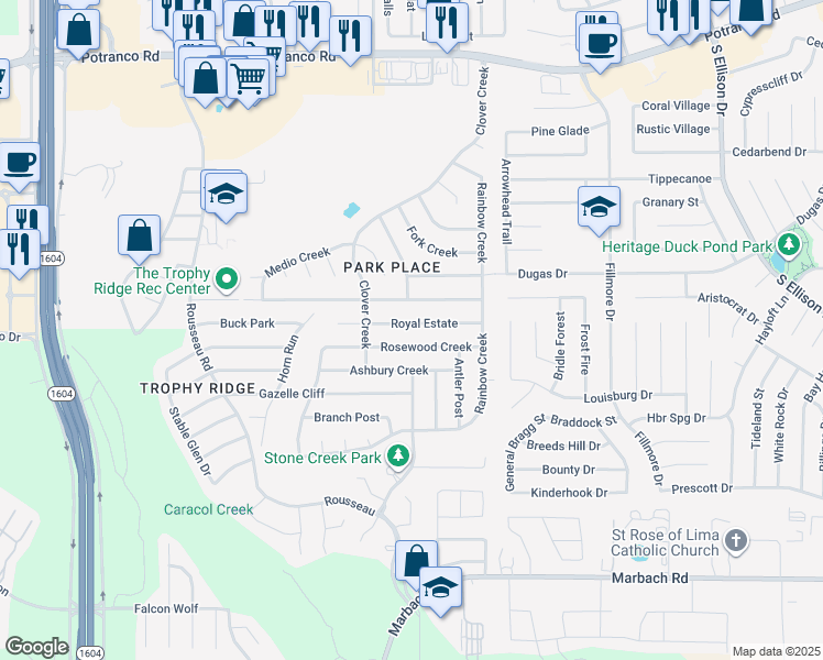 map of restaurants, bars, coffee shops, grocery stores, and more near 10362 Manor Creek in San Antonio