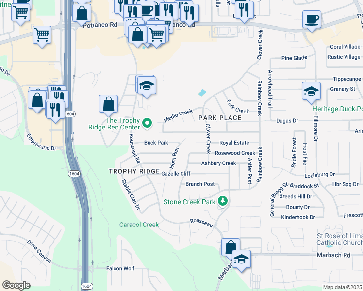 map of restaurants, bars, coffee shops, grocery stores, and more near 622 Horn Run in San Antonio