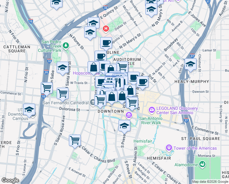 map of restaurants, bars, coffee shops, grocery stores, and more near 200 East Houston Street in San Antonio