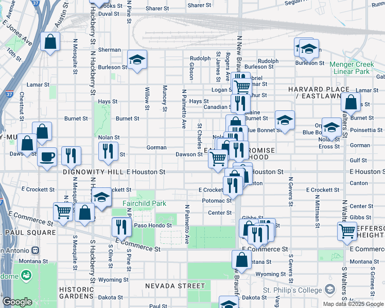 map of restaurants, bars, coffee shops, grocery stores, and more near 115 Saint Charles in San Antonio