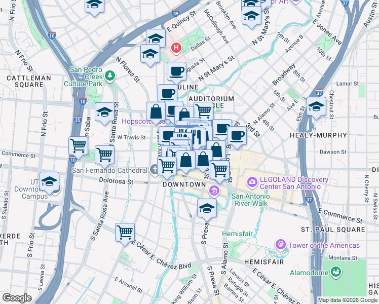 map of restaurants, bars, coffee shops, grocery stores, and more near 200 East Houston Street in San Antonio