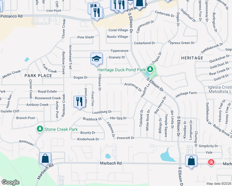 map of restaurants, bars, coffee shops, grocery stores, and more near 10402 Aristocrat Street in San Antonio