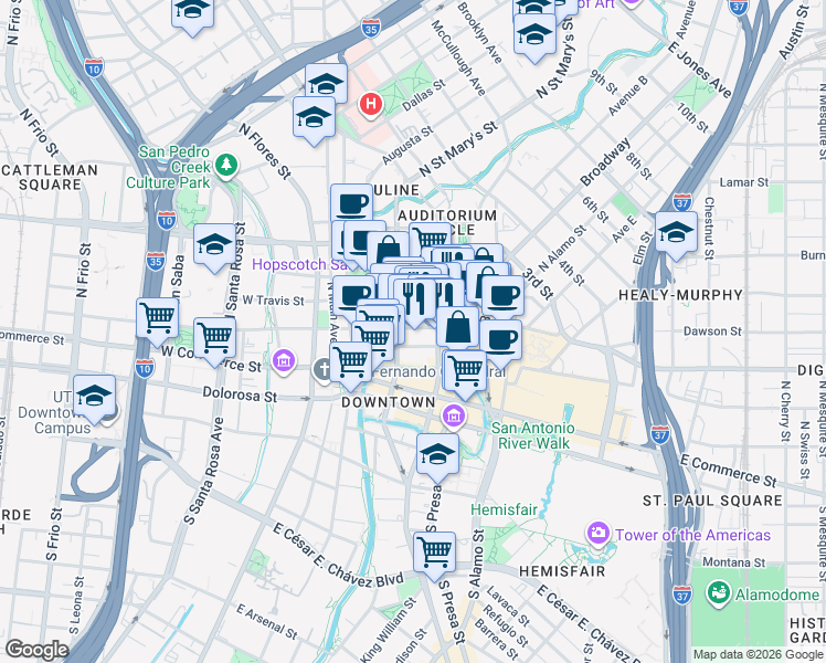 map of restaurants, bars, coffee shops, grocery stores, and more near 222 East Houston Street in San Antonio