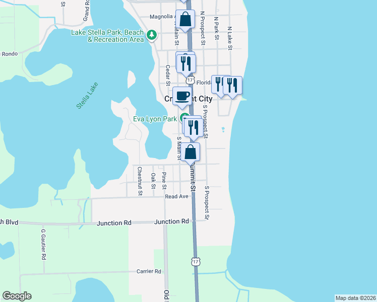 map of restaurants, bars, coffee shops, grocery stores, and more near 207 s Summit Street in Crescent City