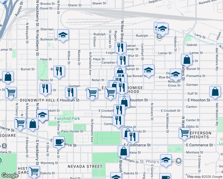 map of restaurants, bars, coffee shops, grocery stores, and more near 618 Saint James in San Antonio