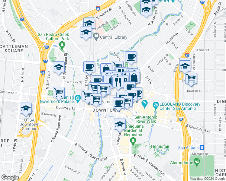 map of restaurants, bars, coffee shops, grocery stores, and more near 230 East Travis Street in San Antonio