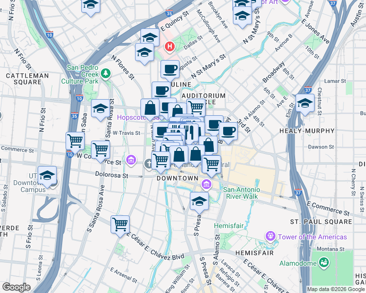 map of restaurants, bars, coffee shops, grocery stores, and more near 227 North Saint Mary's Street in San Antonio