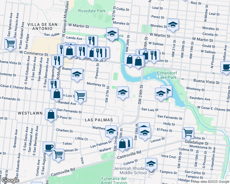 map of restaurants, bars, coffee shops, grocery stores, and more near 411 Southwest 24th Street in San Antonio