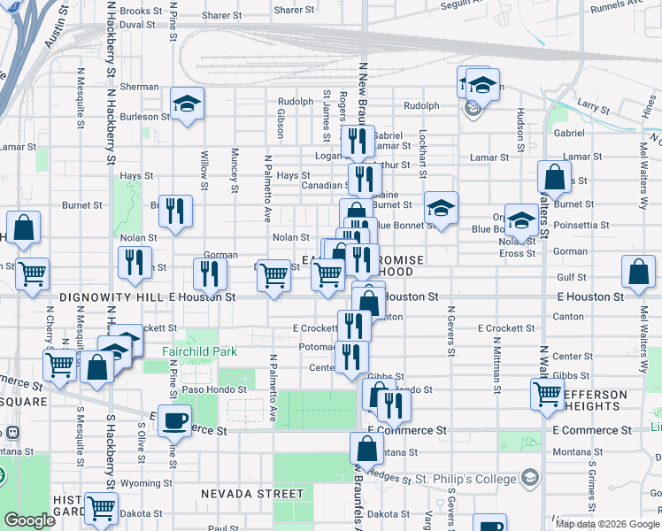 map of restaurants, bars, coffee shops, grocery stores, and more near 618 Saint James in San Antonio