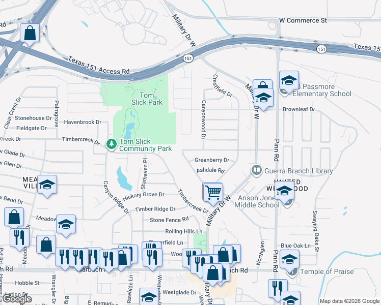 map of restaurants, bars, coffee shops, grocery stores, and more near 7119 Castleridge Drive in San Antonio