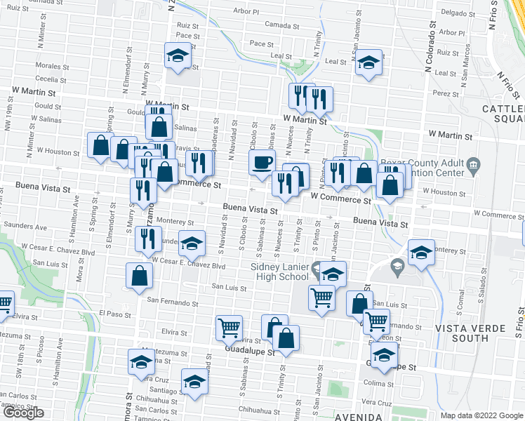 map of restaurants, bars, coffee shops, grocery stores, and more near 148 South Sabinas Street in San Antonio