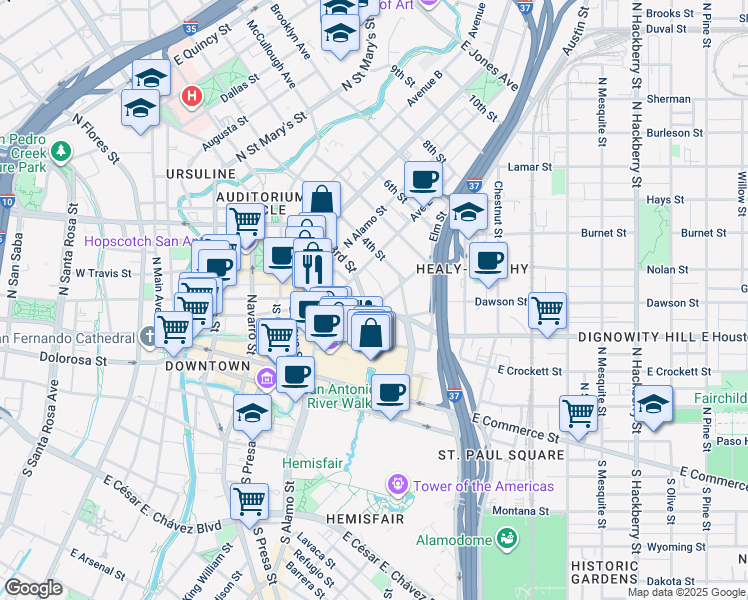 map of restaurants, bars, coffee shops, grocery stores, and more near 425 Bonham in San Antonio
