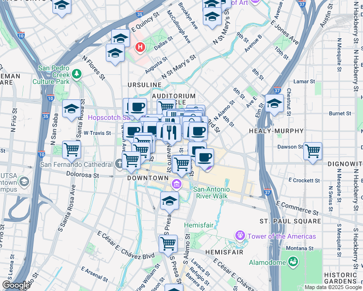 map of restaurants, bars, coffee shops, grocery stores, and more near E Houston St & N Presa St in San Antonio