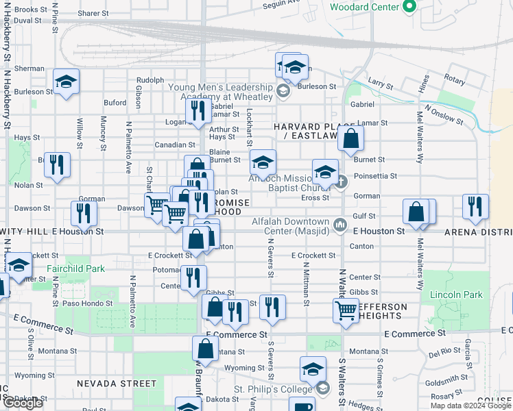 map of restaurants, bars, coffee shops, grocery stores, and more near 1707 Dawson Street in San Antonio