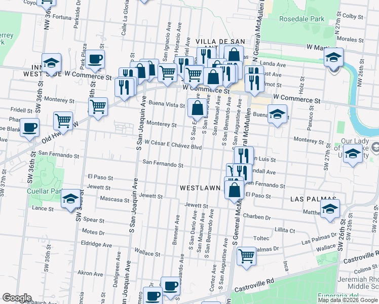 map of restaurants, bars, coffee shops, grocery stores, and more near 336 South San Eduardo Avenue in San Antonio