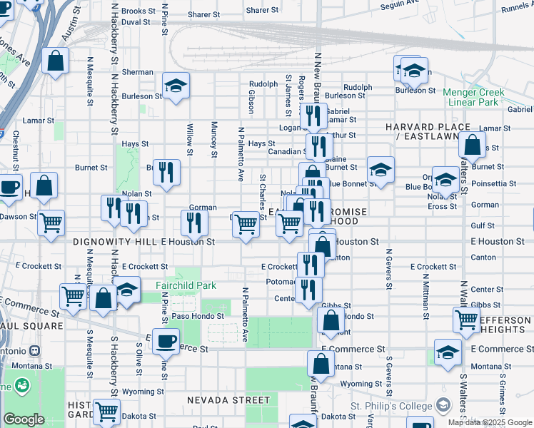 map of restaurants, bars, coffee shops, grocery stores, and more near 115 Saint Charles in San Antonio