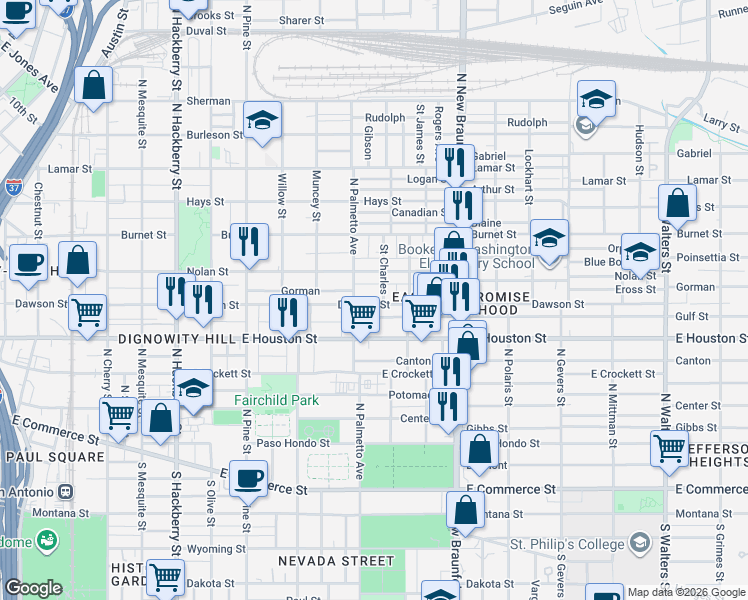 map of restaurants, bars, coffee shops, grocery stores, and more near 115 Saint Charles in San Antonio