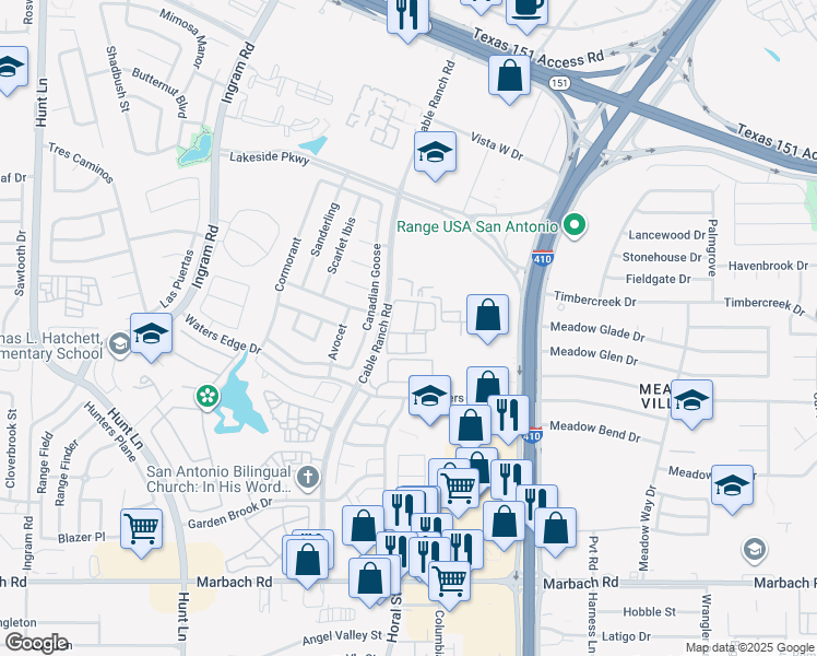 map of restaurants, bars, coffee shops, grocery stores, and more near 1526 Cable Ranch Road in San Antonio