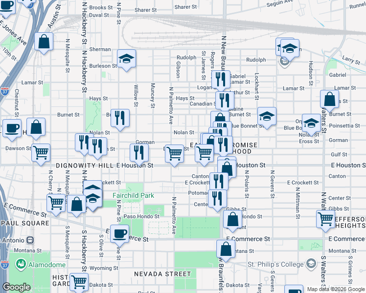 map of restaurants, bars, coffee shops, grocery stores, and more near 115 Saint Charles in San Antonio