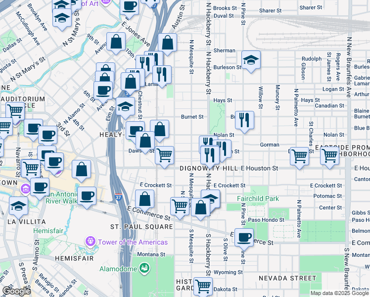 map of restaurants, bars, coffee shops, grocery stores, and more near 521 Dawson Street in San Antonio