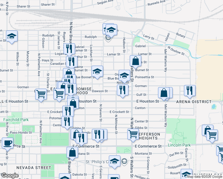 map of restaurants, bars, coffee shops, grocery stores, and more near 127 Eross Street in San Antonio