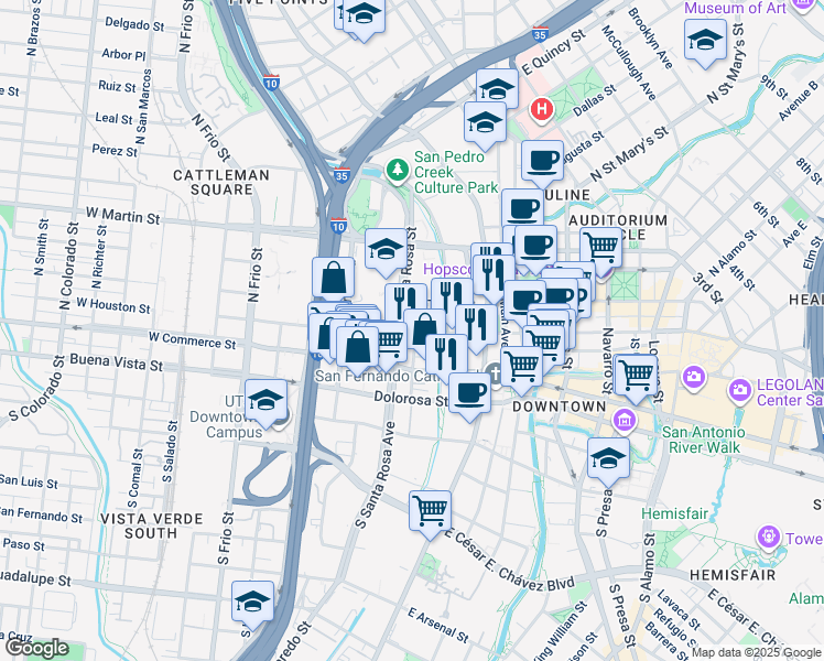 map of restaurants, bars, coffee shops, grocery stores, and more near 343 West Houston Street in San Antonio