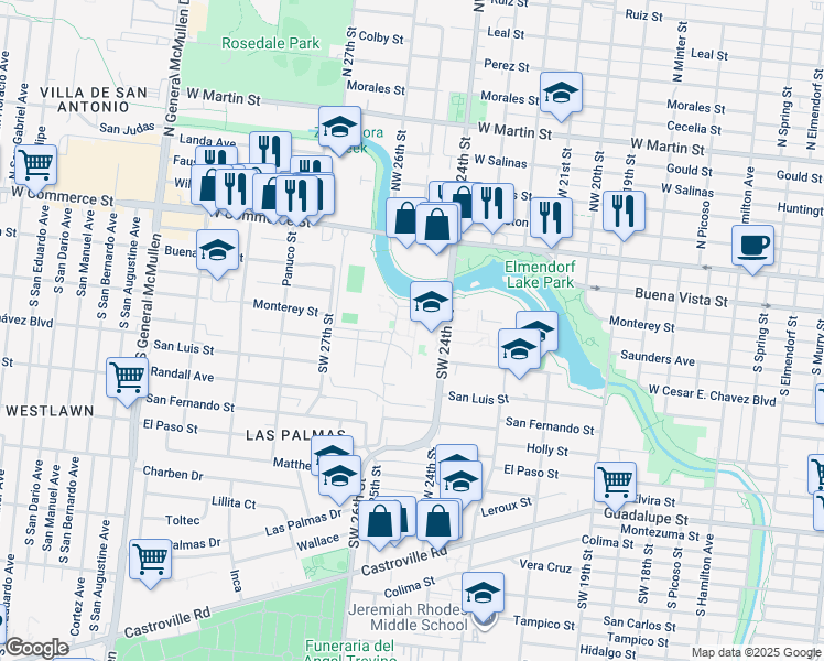 map of restaurants, bars, coffee shops, grocery stores, and more near 411 Southwest 24th Street in San Antonio