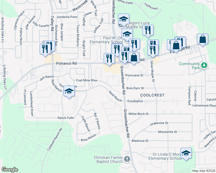 map of restaurants, bars, coffee shops, grocery stores, and more near 12327 Fort Chadborne in San Antonio