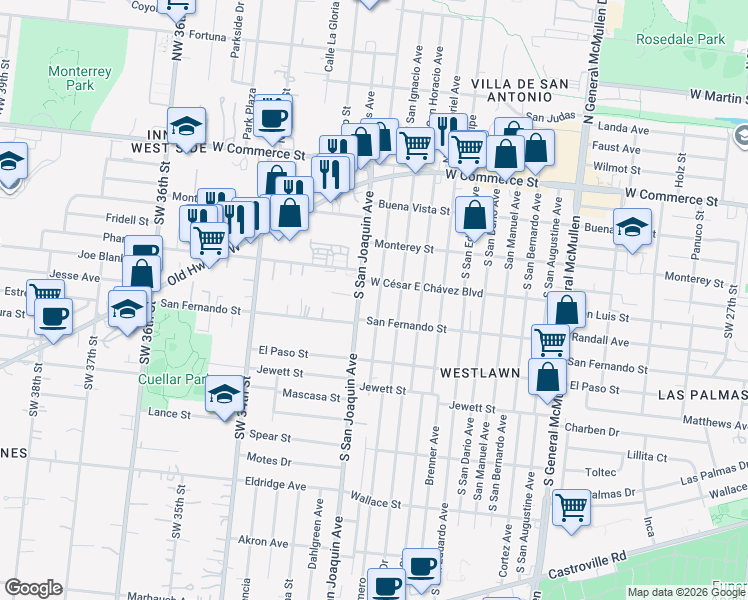 map of restaurants, bars, coffee shops, grocery stores, and more near 408 South San Joaquin Avenue in San Antonio