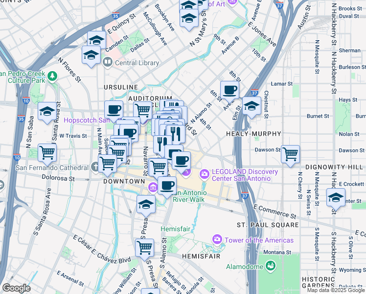 map of restaurants, bars, coffee shops, grocery stores, and more near 615 East Houston Street in San Antonio