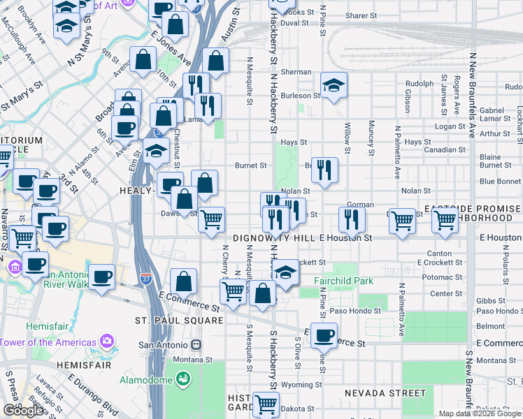 map of restaurants, bars, coffee shops, grocery stores, and more near 617 Dawson Street in San Antonio