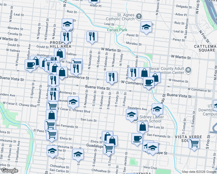 map of restaurants, bars, coffee shops, grocery stores, and more near 2200 West Commerce Street in San Antonio