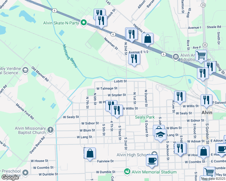 map of restaurants, bars, coffee shops, grocery stores, and more near 1306 West Talmage Street in Alvin