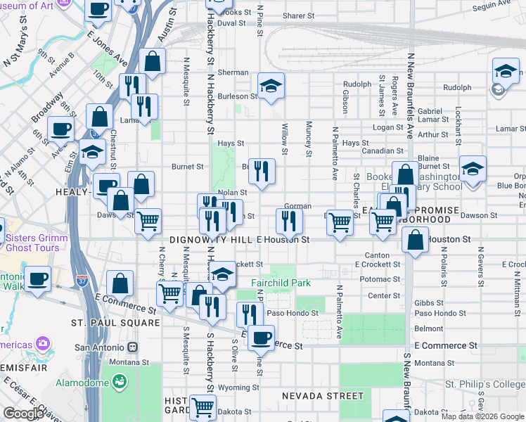 map of restaurants, bars, coffee shops, grocery stores, and more near in San Antonio